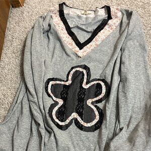 POL Gray Long Sleeve Top with Black and Pink Accents